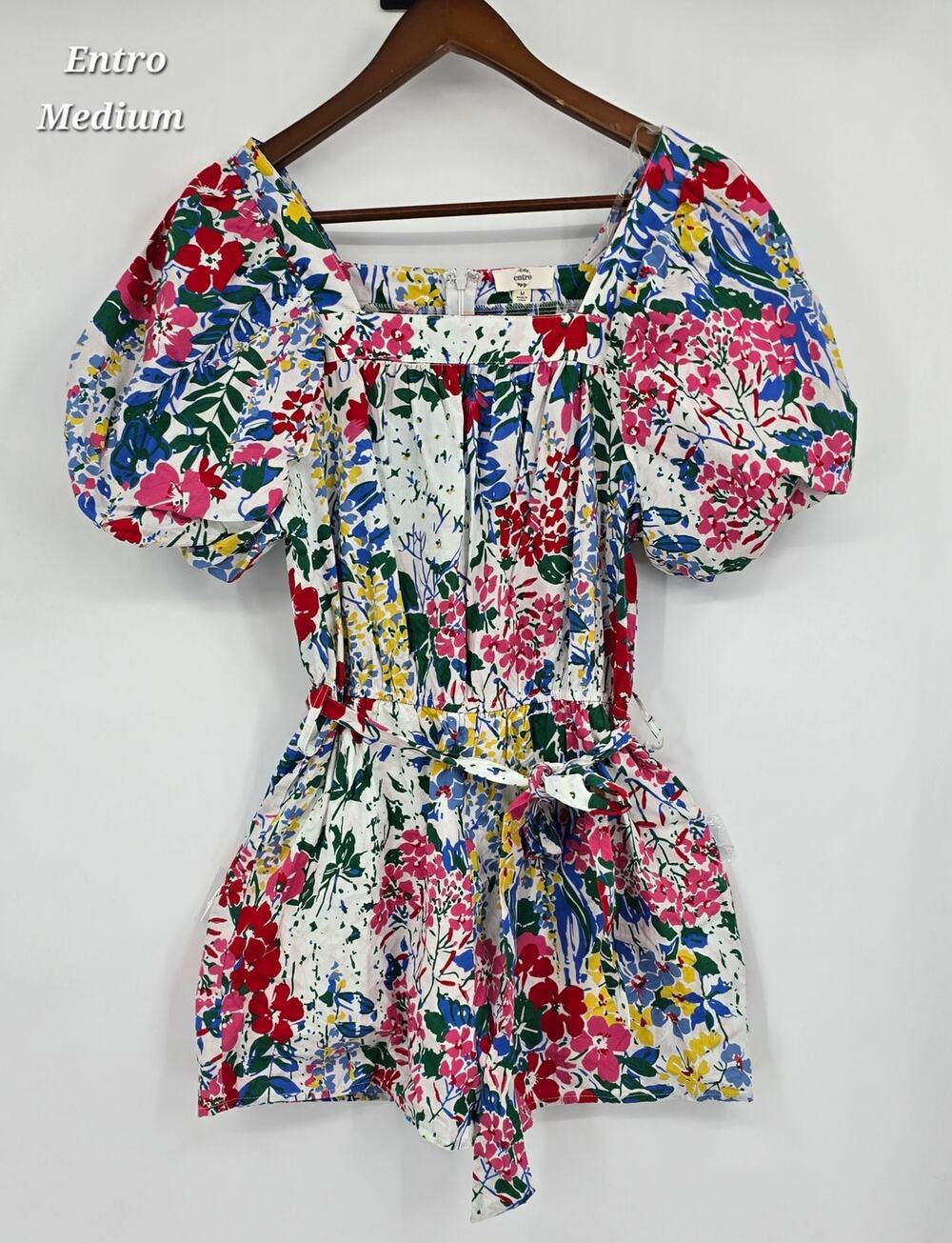 Entro Floral Puff Sleeve Romper Tie Waist Cottagecore Spring Garden Party Medium